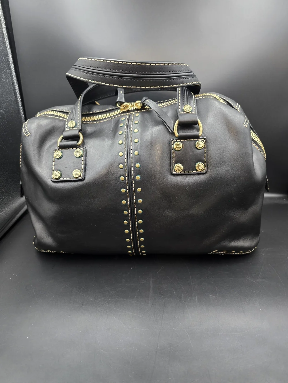 Michael Kors Black Leather Stud-Accent Satchel with Gold Hardware
